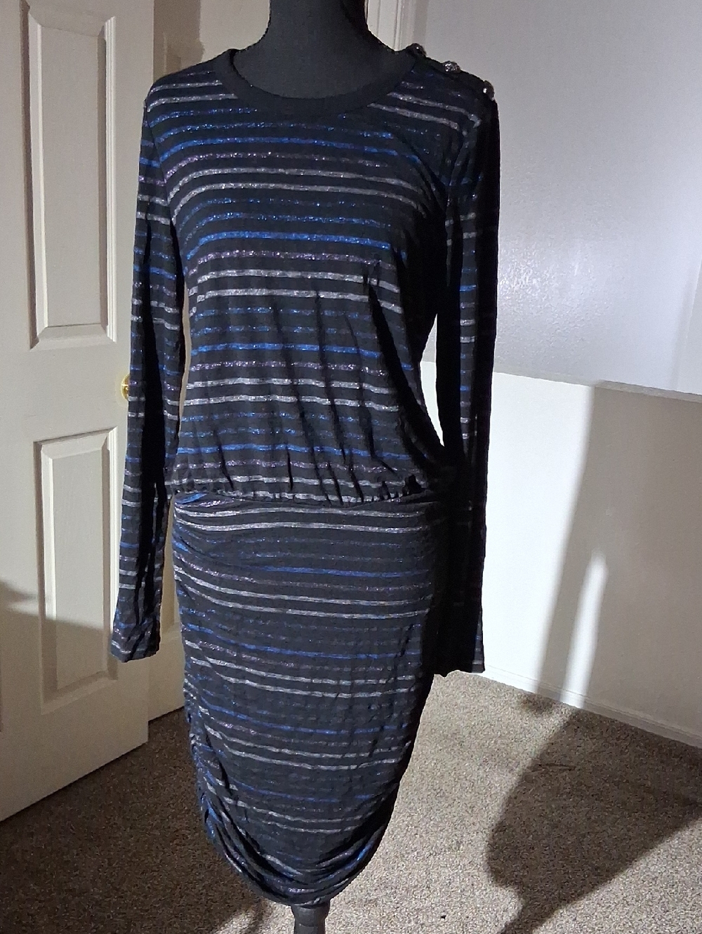 White House Black Market Navy and Black Sparkling Long Sleeve Dress